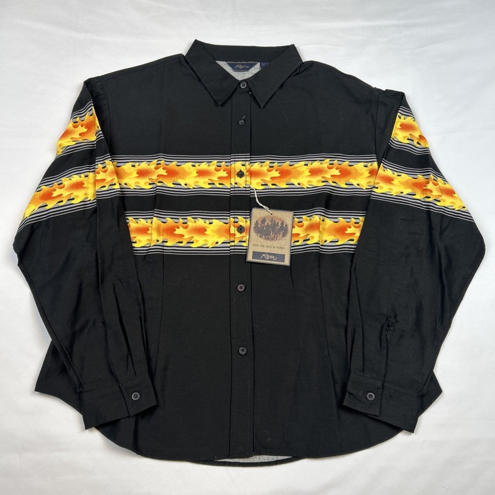 NWT 1990s Roper Button Shirt Sz L Black Orange Fire Flames Rodeo Western Cowboy